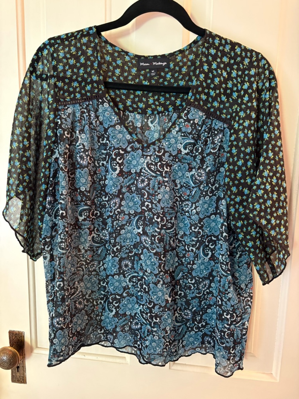 Teal Floral Mixed-Print Sheer Blouse